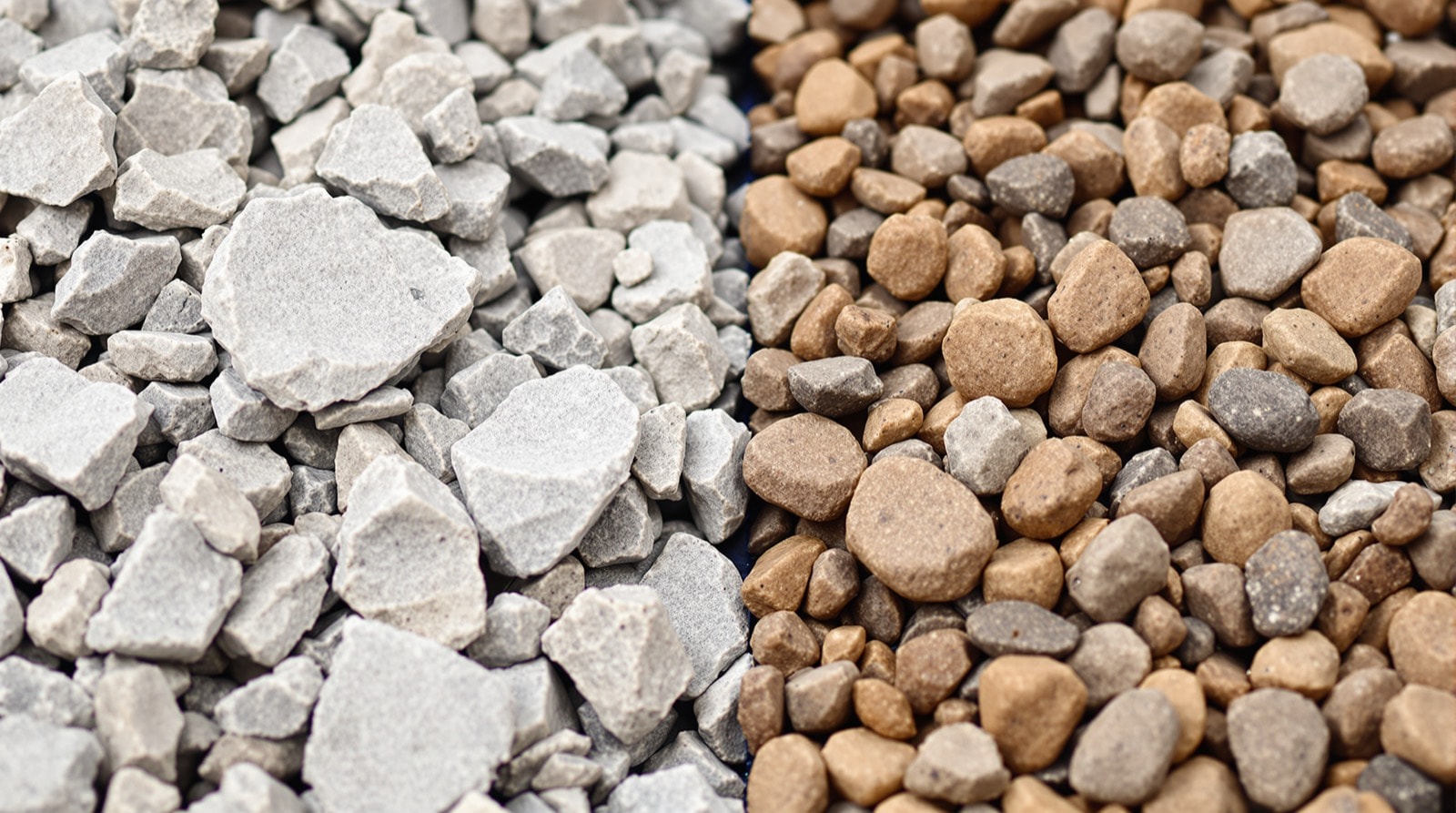 Angular crushed limestone beside rounded river gravel, showing the difference in particle shape
