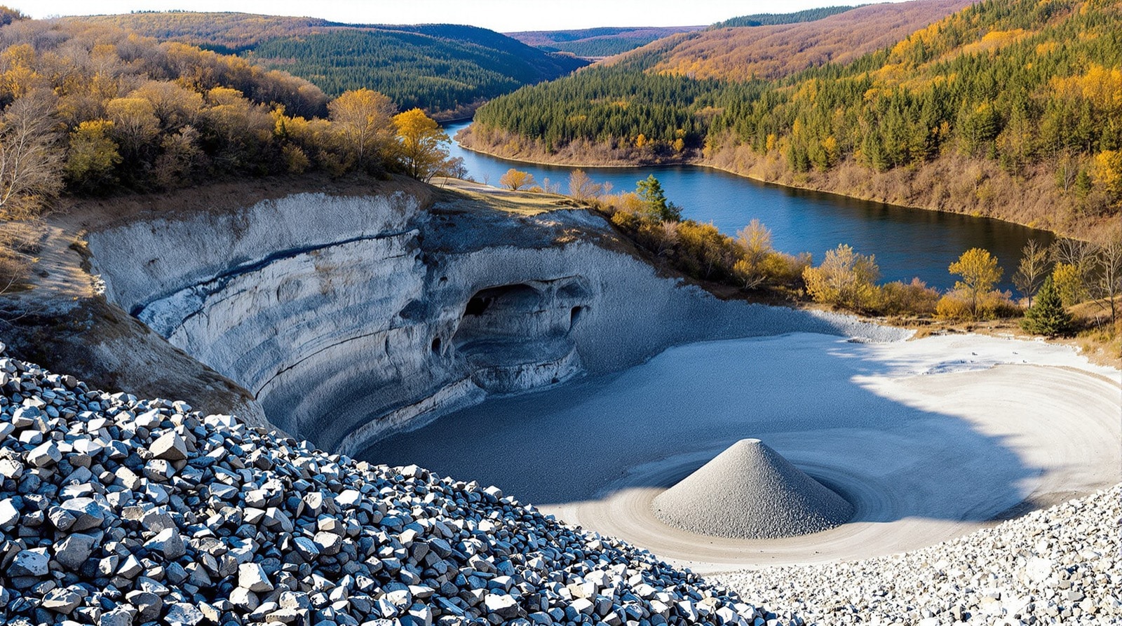 A hard rock quarry with crushed stone stockpiles at the edge of forested hills