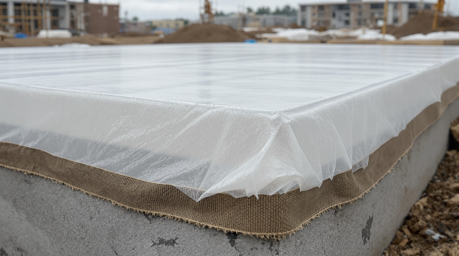 A fresh concrete slab protected by damp burlap and polyethylene sheeting for moist curing