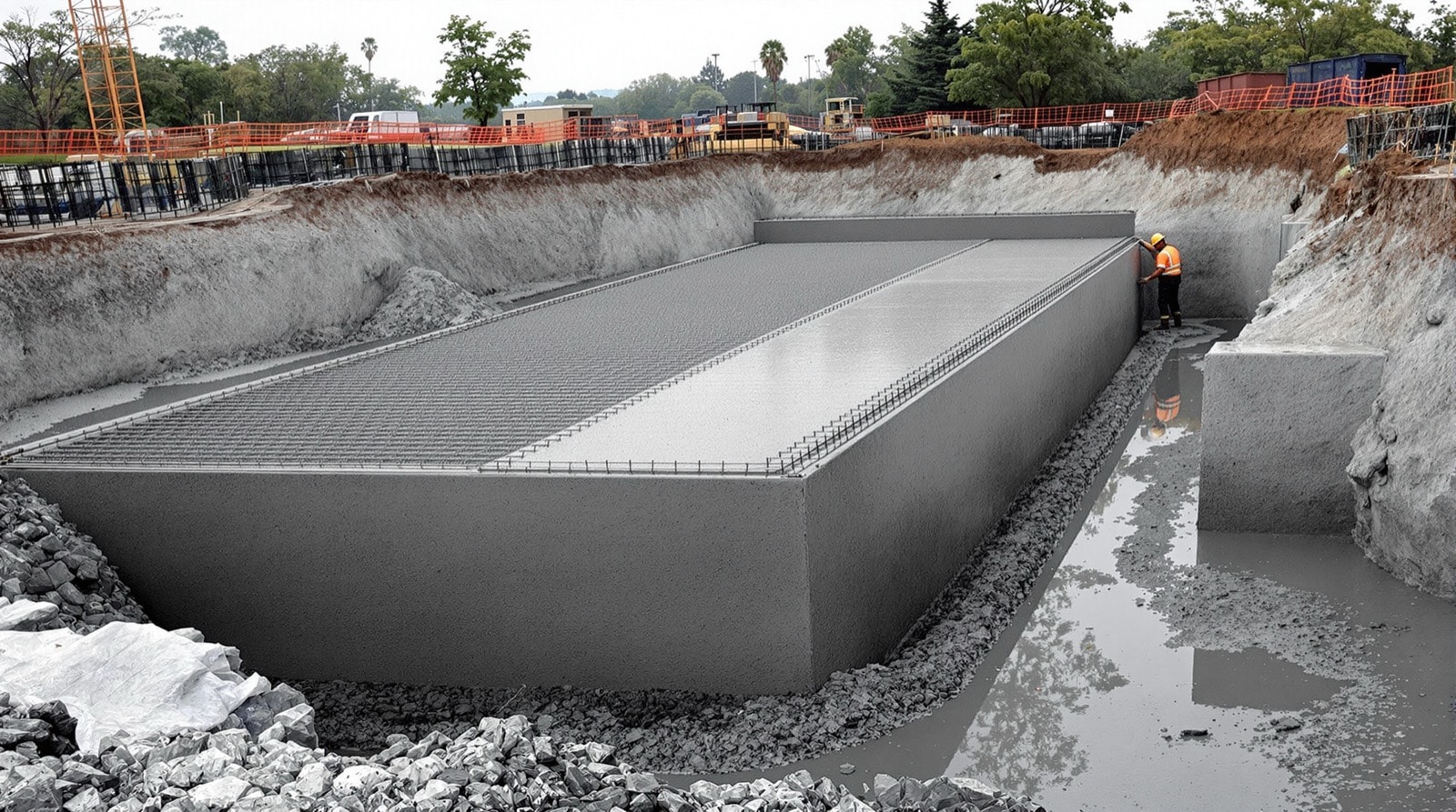 A large mass concrete foundation placement over a dense reinforcing mat