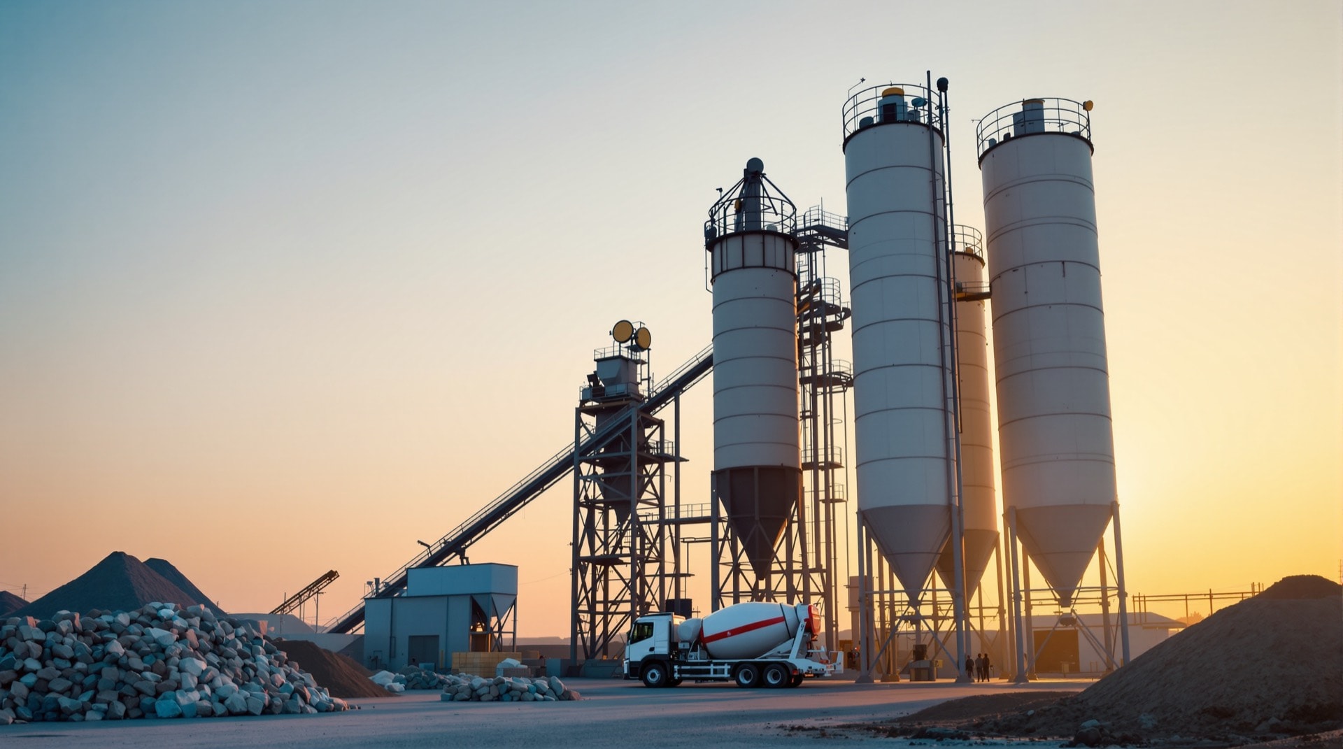 A ready-mix concrete batch plant at dawn with cement silos, aggregate stockpiles and a departing mixer truck