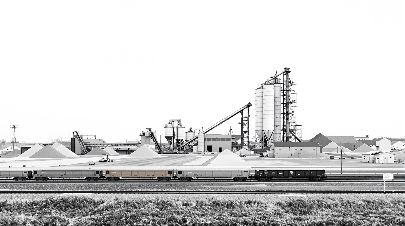 A cement terminal and aggregate yard beside a rail siding