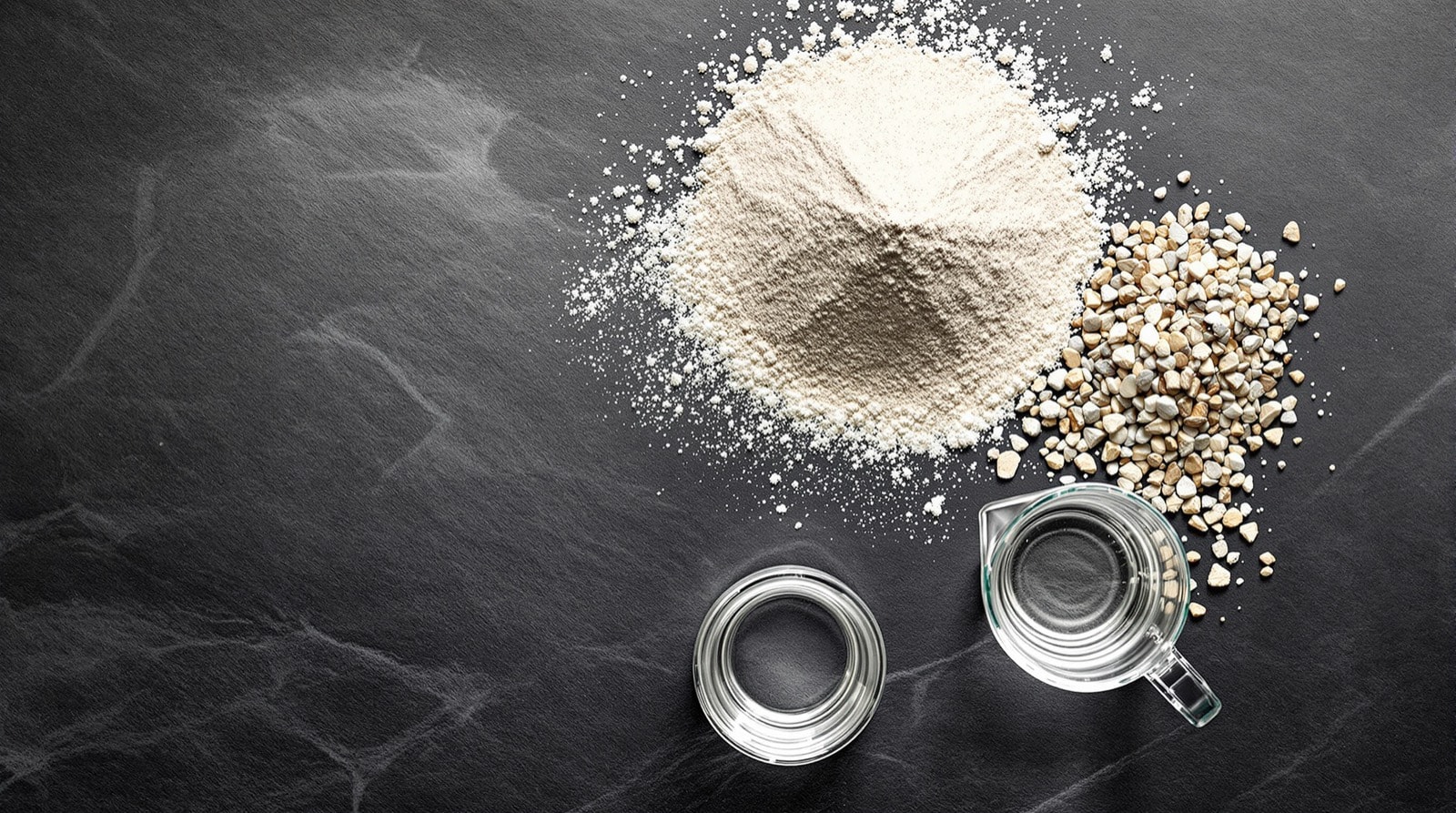 The raw ingredients of a concrete mix arranged separately: cement, sand, crushed stone, gravel and water