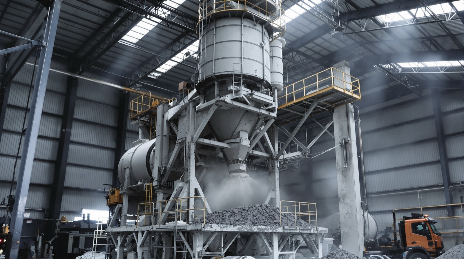 A central-mix plant discharging concrete into a waiting mixer truck