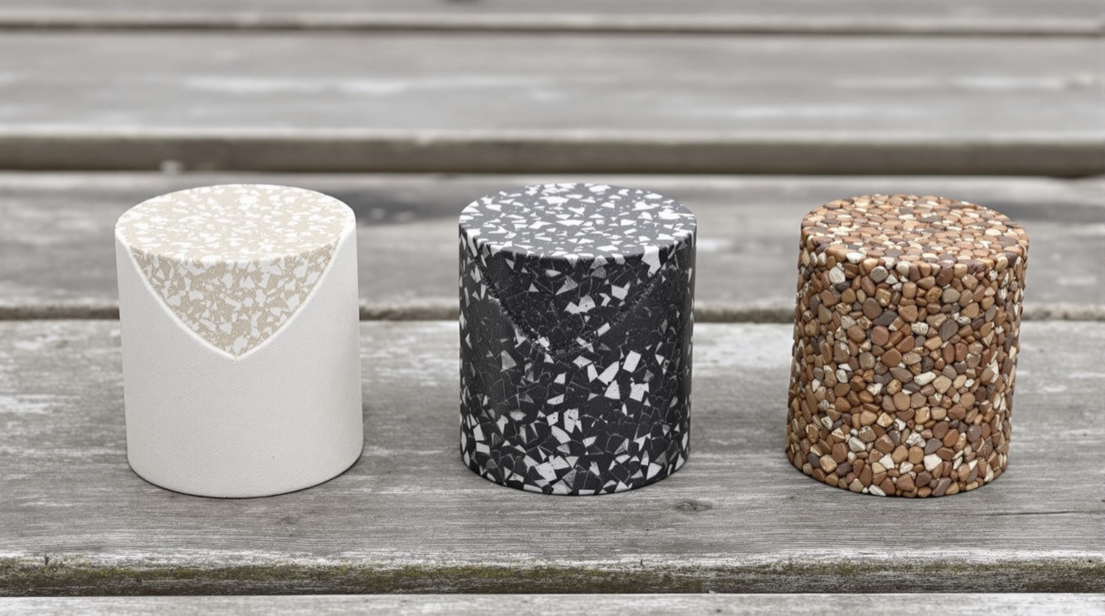 Three concrete specimens made with different regional aggregates, shown side by side