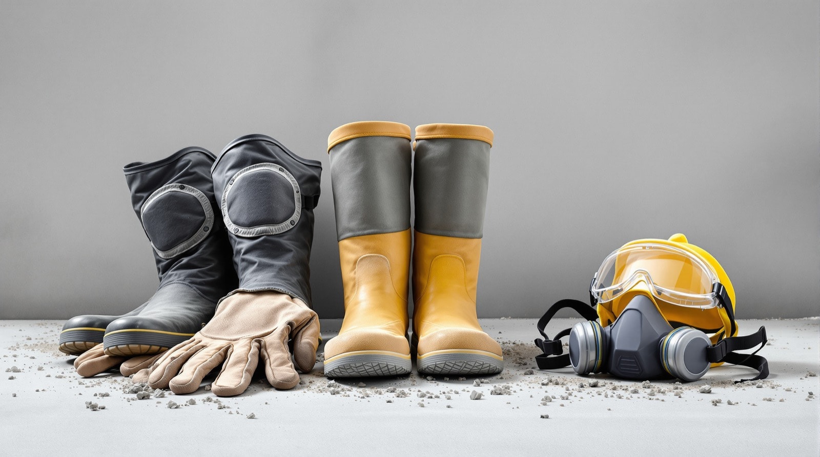 Protective equipment for concrete work: waterproof gloves, boots, knee pads, goggles and a respirator