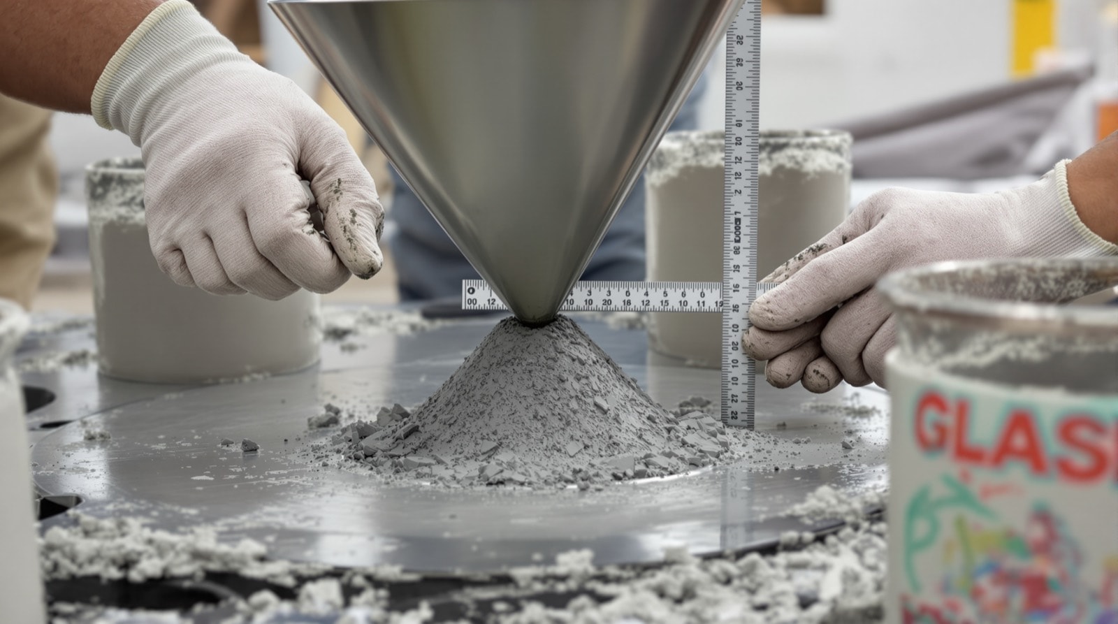 A slump test in progress beside freshly filled concrete cylinder moulds